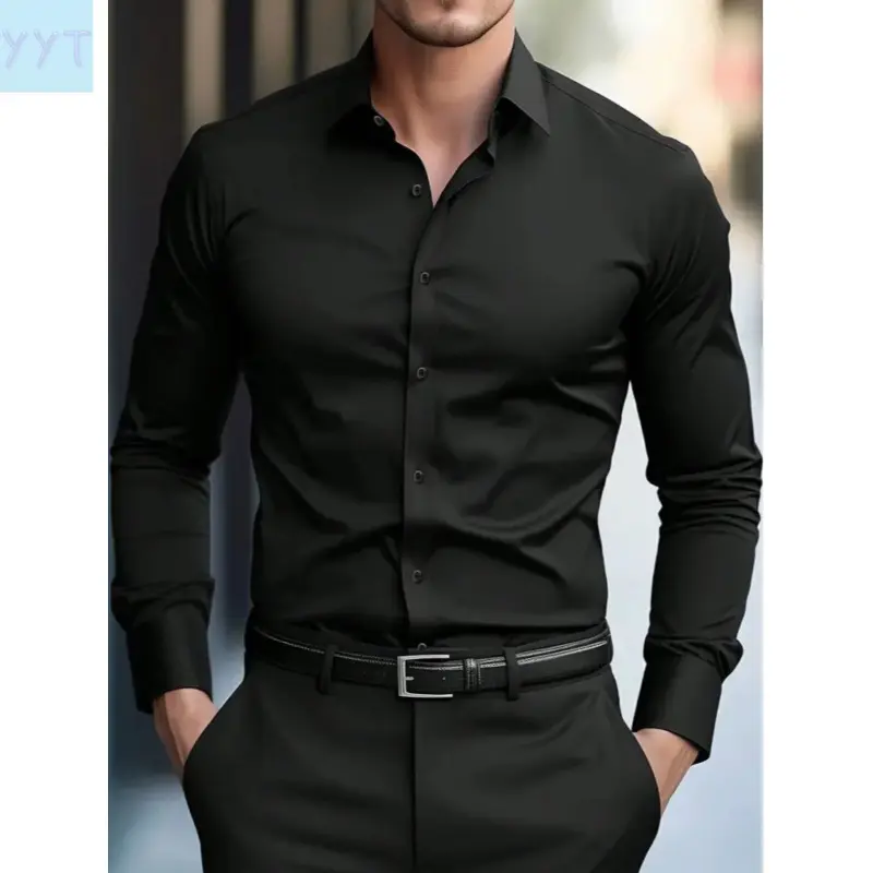 YYT1 Alimens & Gentle Menswear Men's Slim Fit Long Sleeve Button-Down Wrinkle-Free Plain Classic Dress Shirts, Business-Casual Travelers