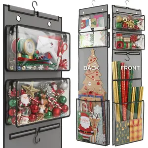 Wrapping Paper Organizer 63" Double-Sided Vertical Gift Wrap Holder with 4 Zipper Bags, Transparent Pockets & Hooks Space-Saving Storage for Gift Paper Rolls, Ribbons & Accessories