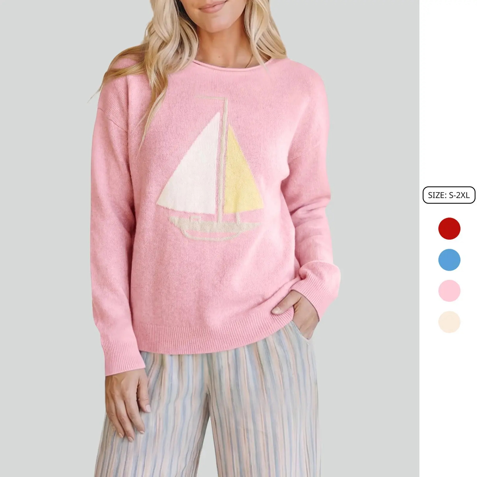 Imily Bela Vintage Sailboat Graphic Casual Knit Sweater Women Soft Cozy Oversized Off Shoulder Long Sleeve Pullover Loose Fit