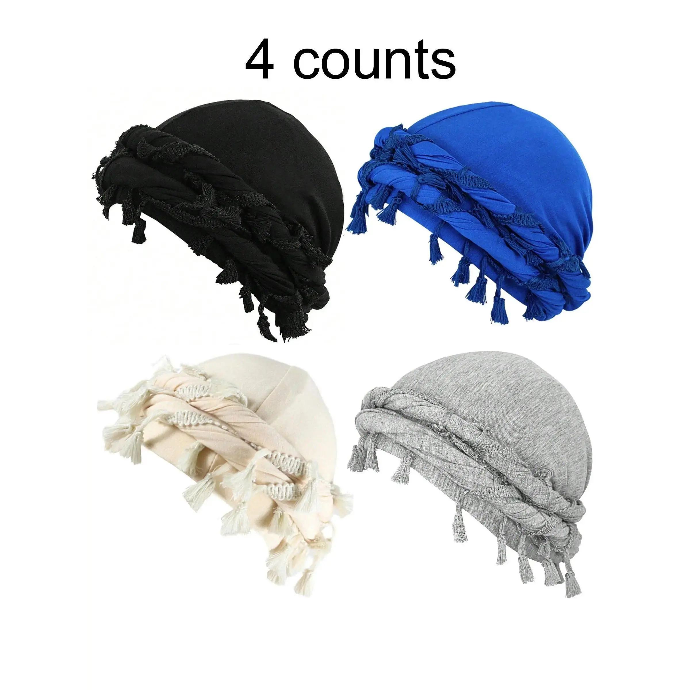 Women's 4-Count Plain Boho Turban Hats Set - Fitted Vintage Design, Multi-Purpose All-Seasons Female Fashion Head Scarves, Casual Everyday Hair Accessories, Head Wrap, Matching Headscarf, 4 Counts, Multi-Purpose Head Scarves