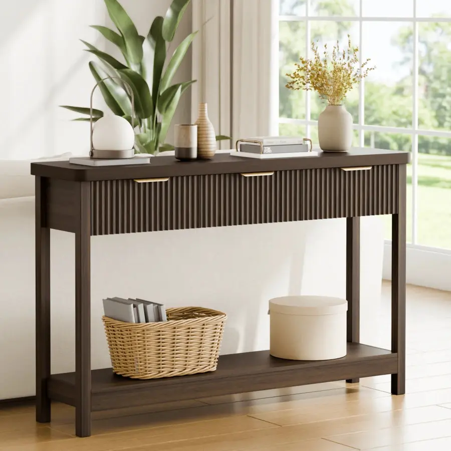 GIKPAL Fluted Console Table, 51" Narrow Entryway Table With 3 Drawers, Console Table Sofa Table With Storage Open Shelf, Modern Display Shelf Hallway Living Room, Walnut