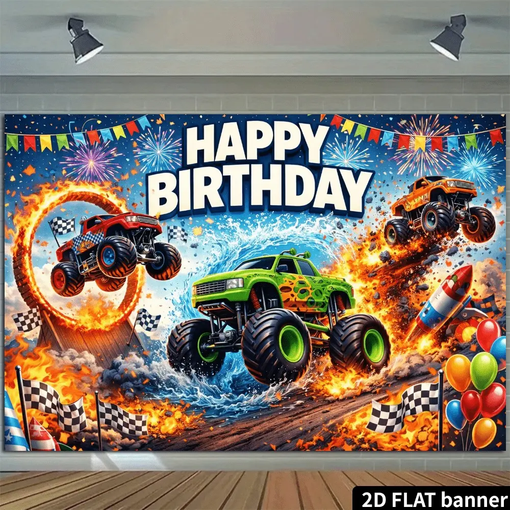 2D Flat Monster Truck Birthday Banner | Single-Sided Polyester | Metal Grommets for Easy Hanging | Colorful Monster Trucks with Flames & Splash Effects | Perfect for Kids Birthday Parties, Photo Booth Backdrops & Cake Table Decor