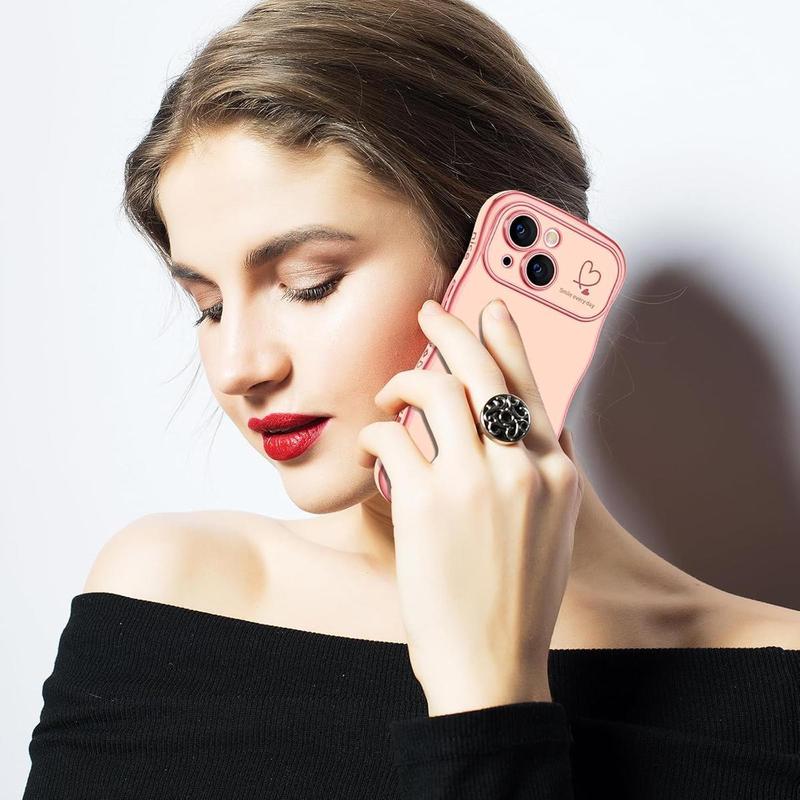 For iPhone 16 Pro Max 15 14 13 12 11 Cute Wave Frame Curly Shape with Love Heart Pattern Raised Camera Protection Cover Luxury Plating Shockproof Phone Case