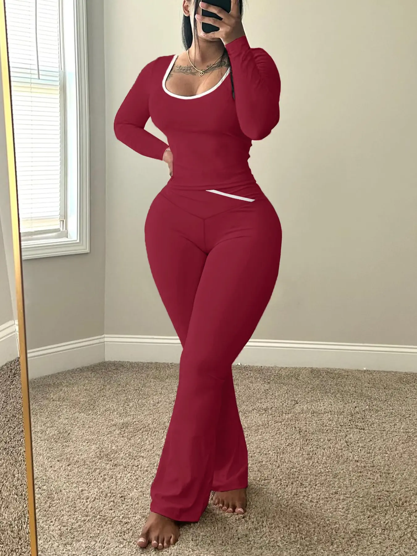 Women's Sportswear Set, Long Sleeve Slim Fit Top and High Waist Bell Bottoms, Solid Color Yoga, Fashion Streetwear