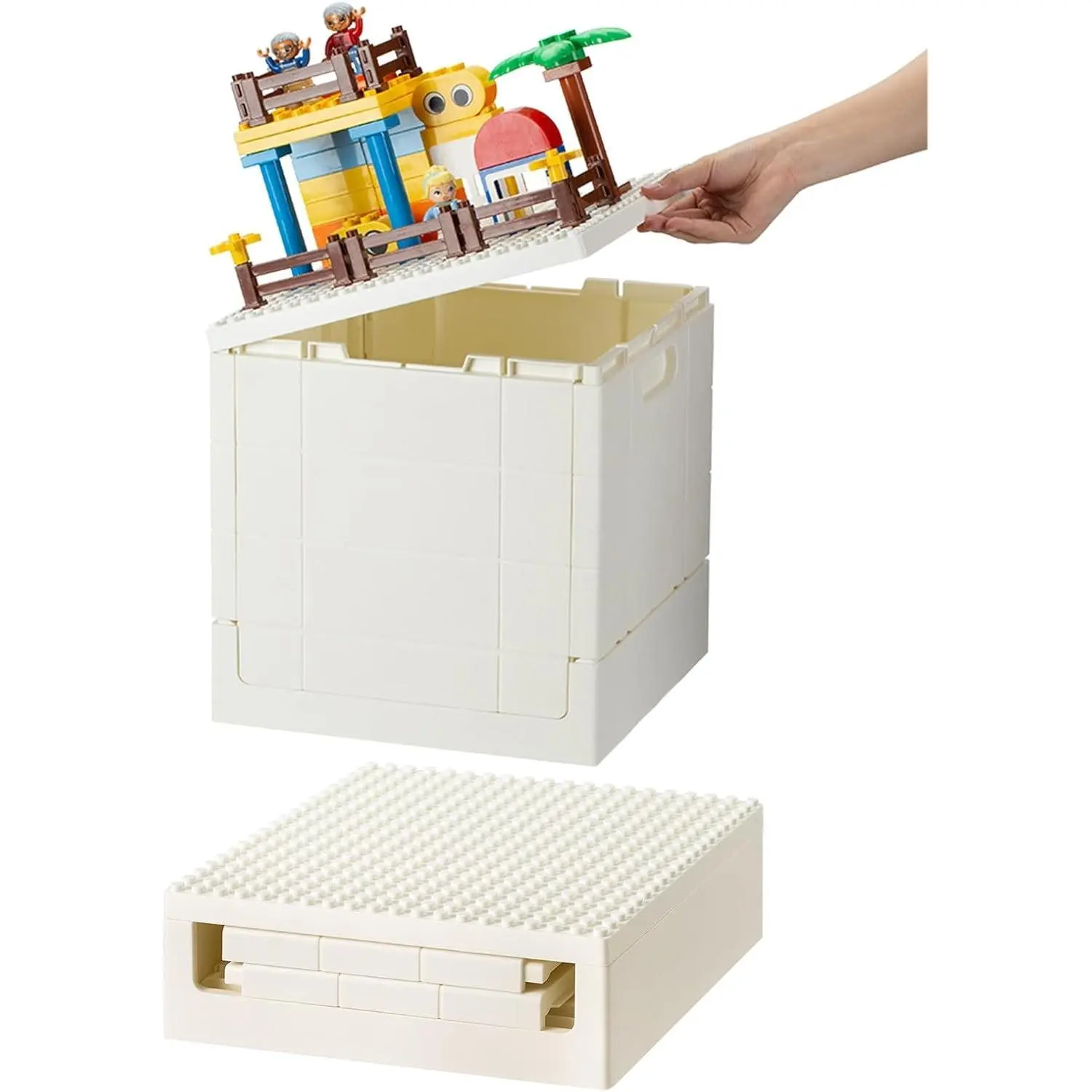 Plastic Foldable Kid Storage Box, 25L Storage Toy Bins with Building Base for Duplo Bricks, 26Qt. Toy Chest for Duplo Blocks, White
