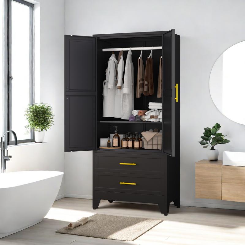 Metal Wardrobe Closet with 2 Doors & 2 Drawers, 71"" Tall Armoire Wardrobe Closet with Hanging Rods and Adjustable Shelf, Steel Wardrobe Storage Cabinet for Bedroom, Large mothersdaygift