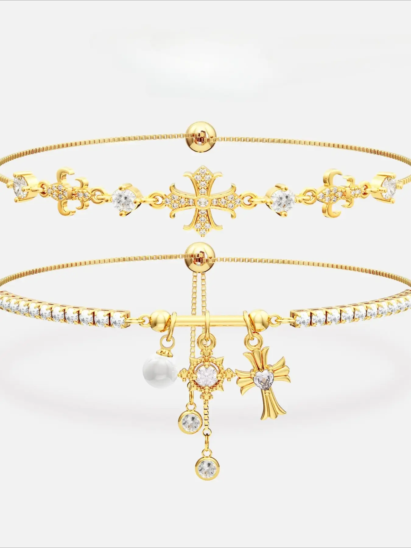 2-Piece Cross & Snowflake Bracelet Set for Women, Adjustable Sparkling Christian Charm Bracelets, Faith Jewelry Gift for Valentine's Day, Birthday & Wedding