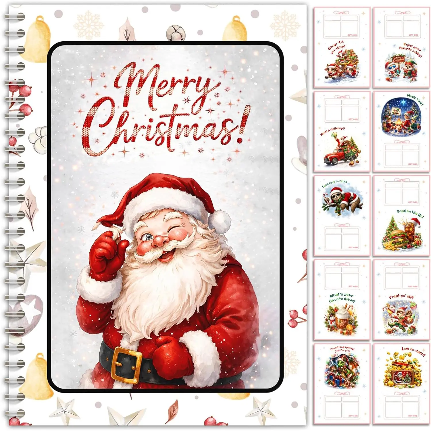 Christmas Gift Card Book, Santa Theme Spiral Gift Card Album, Decorative Inner Pages, Christmas Gift Book with Card Holder, Perfect for Holidays and Parties