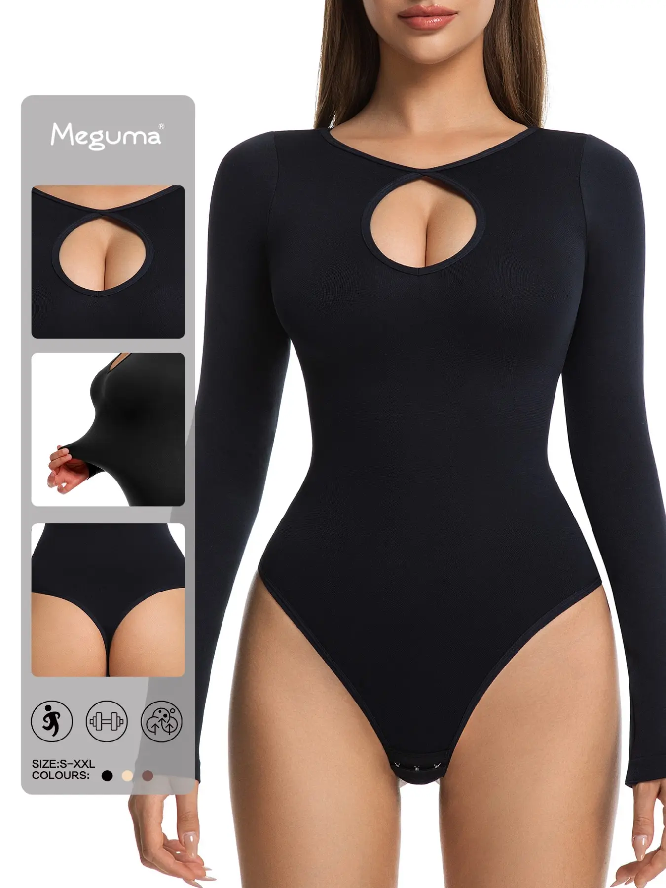 Women Keyhole Cut Out Long Sleeve Bodysuit, Seamless Tummy Control Shapewear, Snap Crotch, Casual All-Seasons Wear, Organic Textile