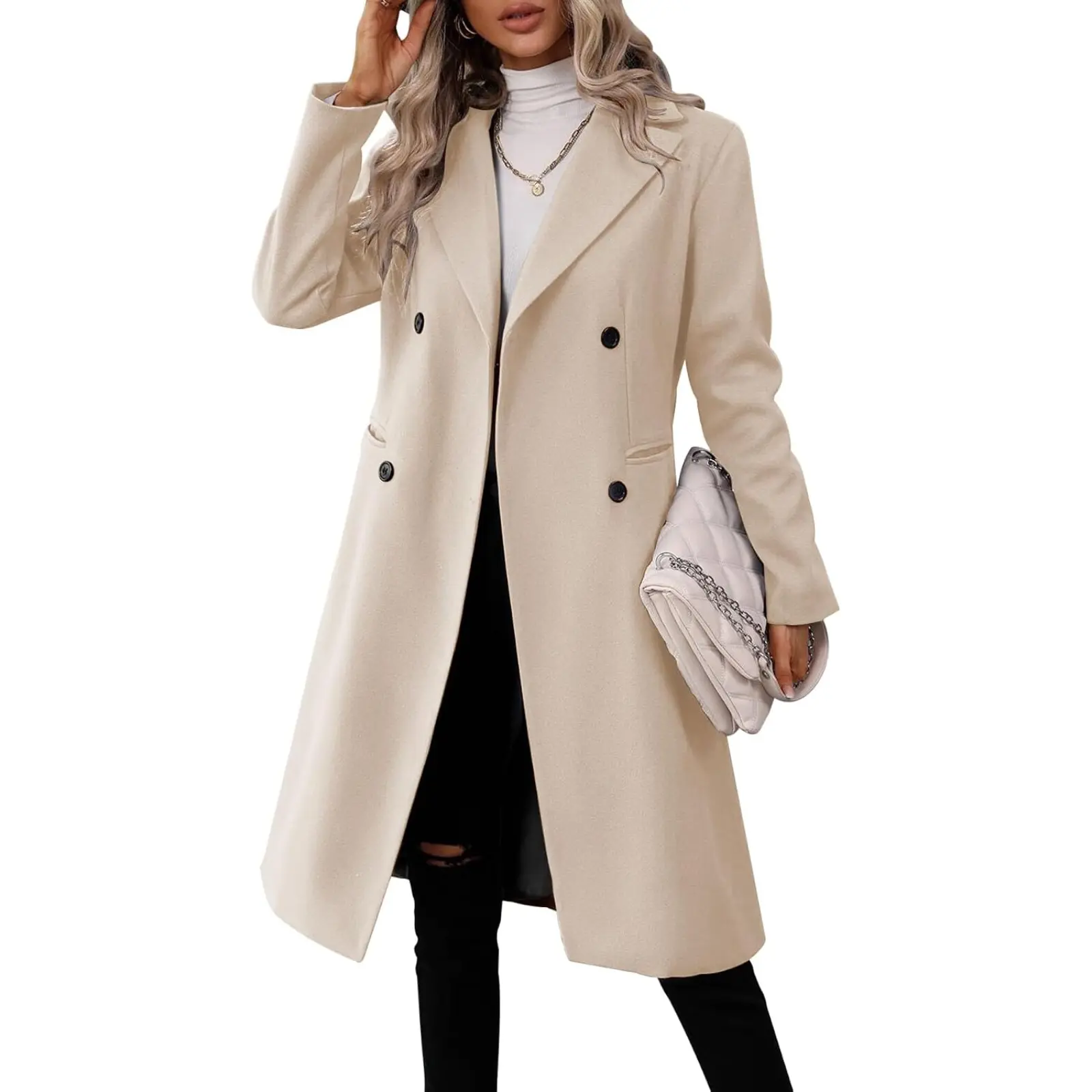 Tankaneo Womens Long Double Breasted Coats Lapel Collar Pea Coat Winter Slim Fit Jackets Trench Coat Outwear