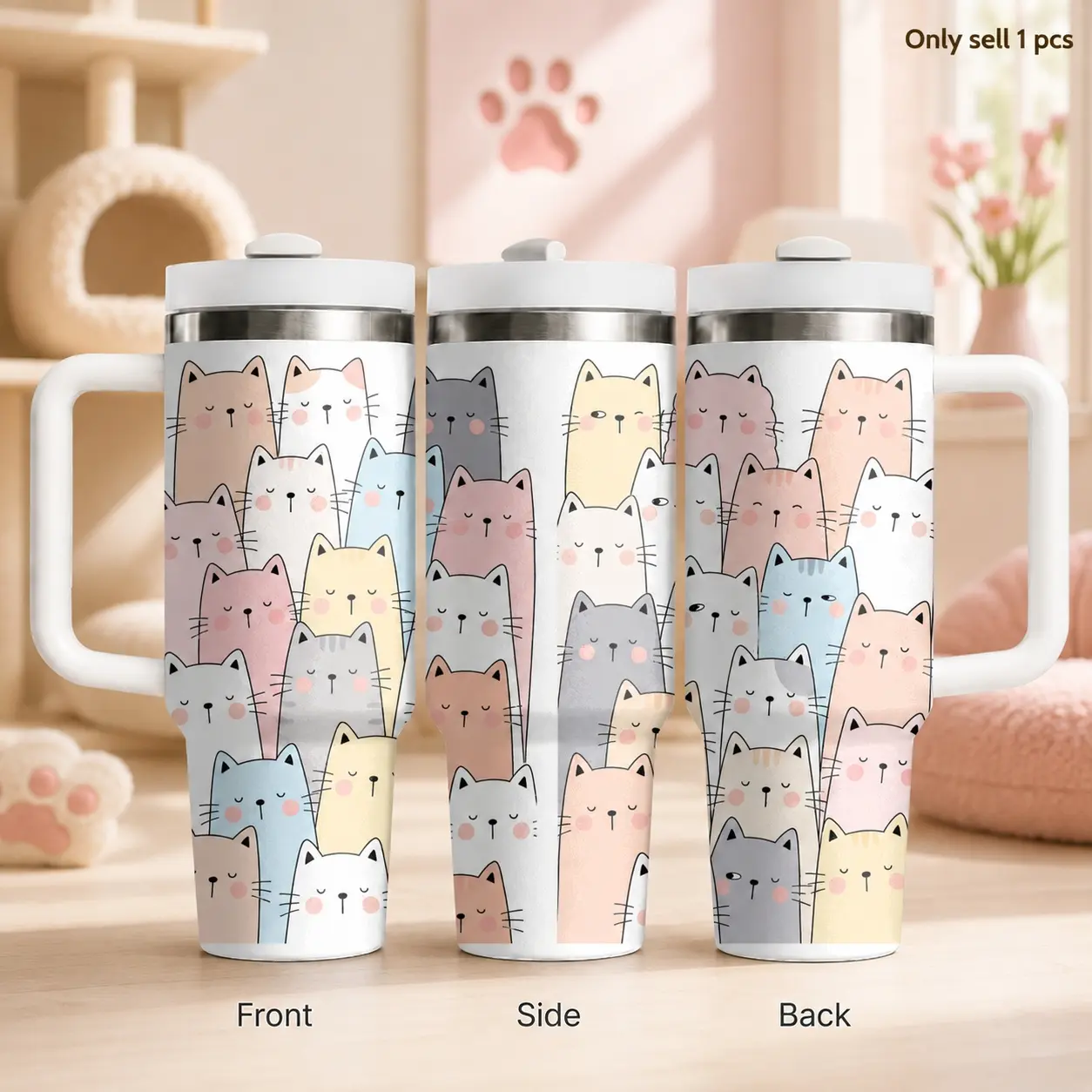 Funny Cat Pop Art 40oz Travel Cup for Pet Lovers, Bold Comic Style Stainless Steel Insulated Tumbler with Handle and Straw, Leakproof Drink Holder for Coffee, Daily Hydration, Weekend Trips and Gifts for Her