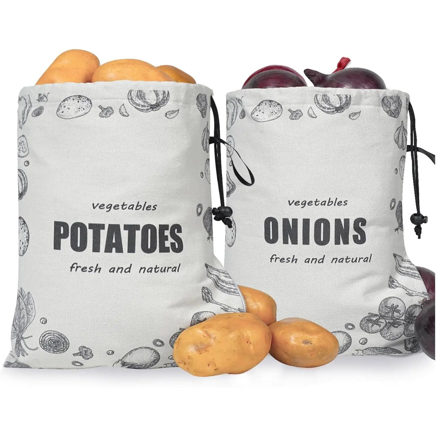 Onion Storage Bag, Washable Canvas Onion and  Storage Bag, Drawstring Garlic Onions Potatoes Keeper with Side Zipper for Pantry, Kitchen, Refrigerator ( Onion Bag)