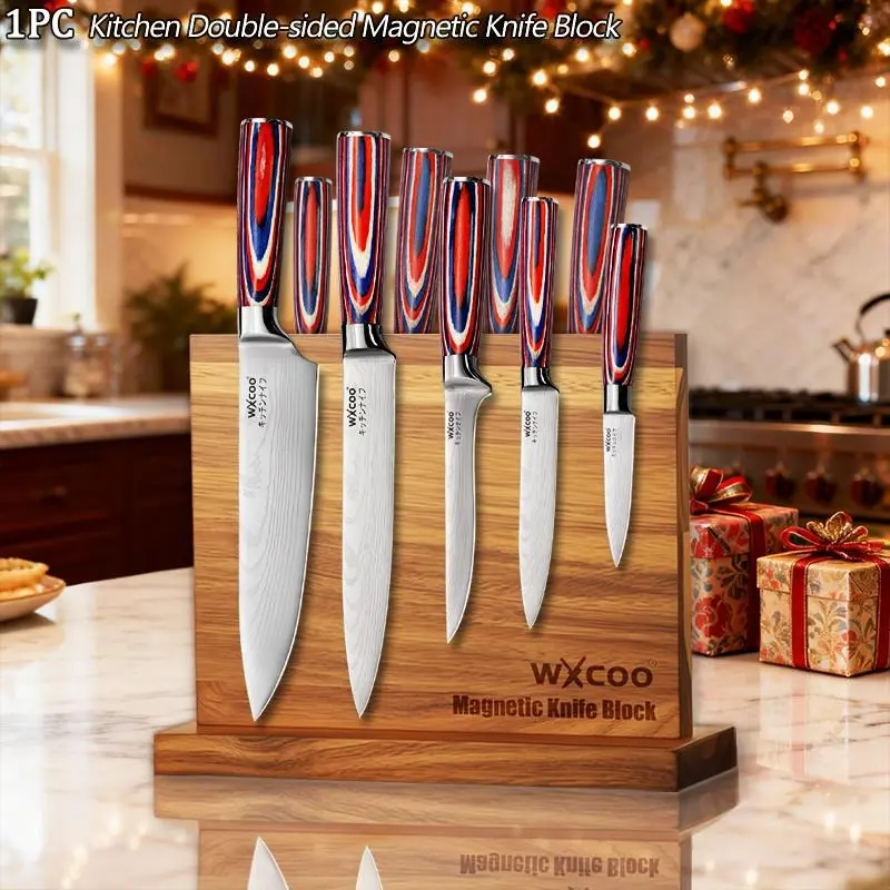 Home Kitchen Double-sided Wooden Magnetic Knife Block Kitchen-Friendly Kitchen Accessories for Kitchen Convenience No Drilling Storage Knife Block Magnetic Stands Organizer Tools High Quality