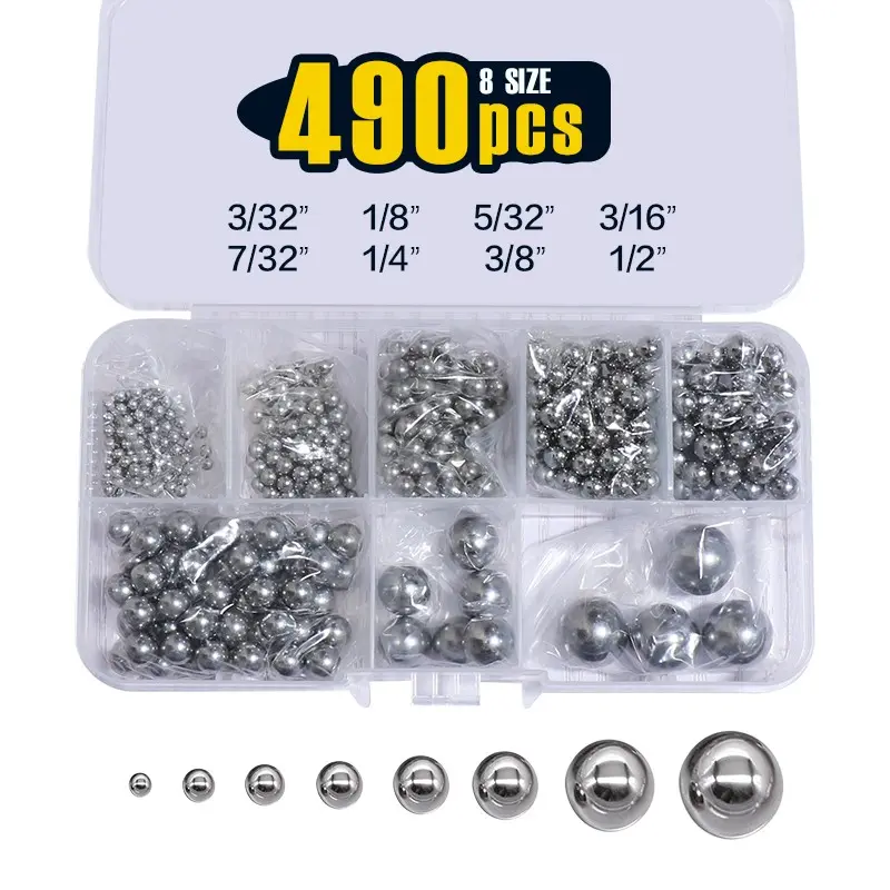 490PCS Precision Balls 8 Sizes,Bicycle Bearing Balls 1/2" 3/8" 1/4" 7/32" 3/16" 5/32" 1/8" 3/32" Steel Ball Assortment Kit