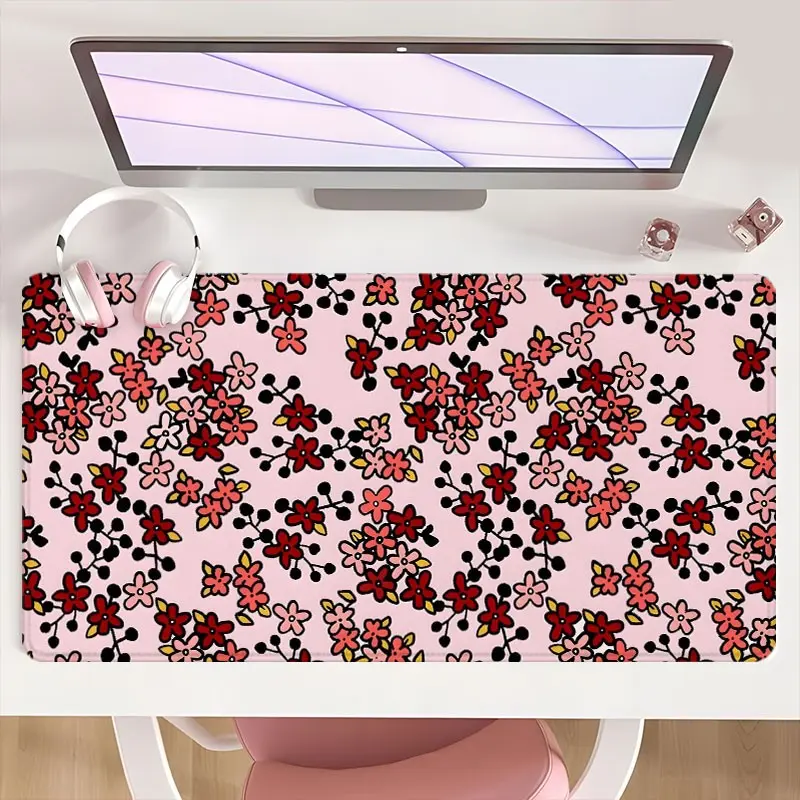 [Mouse Desk Pad] Non-Slip Mouse Pad Large Gaming Mouse Pad With Rubber Base & Stitched Edge Hand-Drawn Pink Floral & Black Branches Design Desk Top Protector Mat For Home Office Christmas Gift