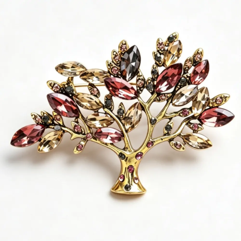 Antique Gold Tree Brooch Paved Multi-color Marquise Crystal Leaf, Vintage Lucky Tree Suit Lapel Pin