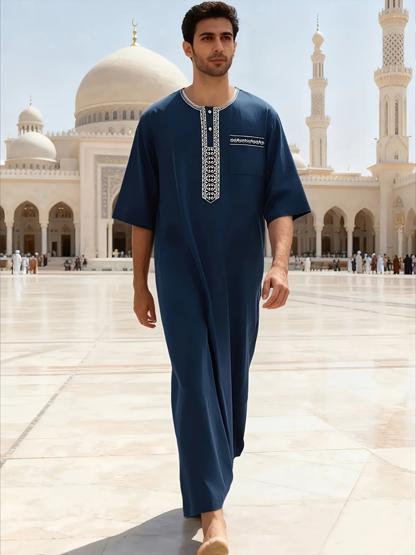 Men's Middle Eastern Embroidered Loose Seven-Quarter Sleeve Muslim Prayer Long Shirt, Saudi Dubai Ethnic Style, Ramadan Eid Home Dress