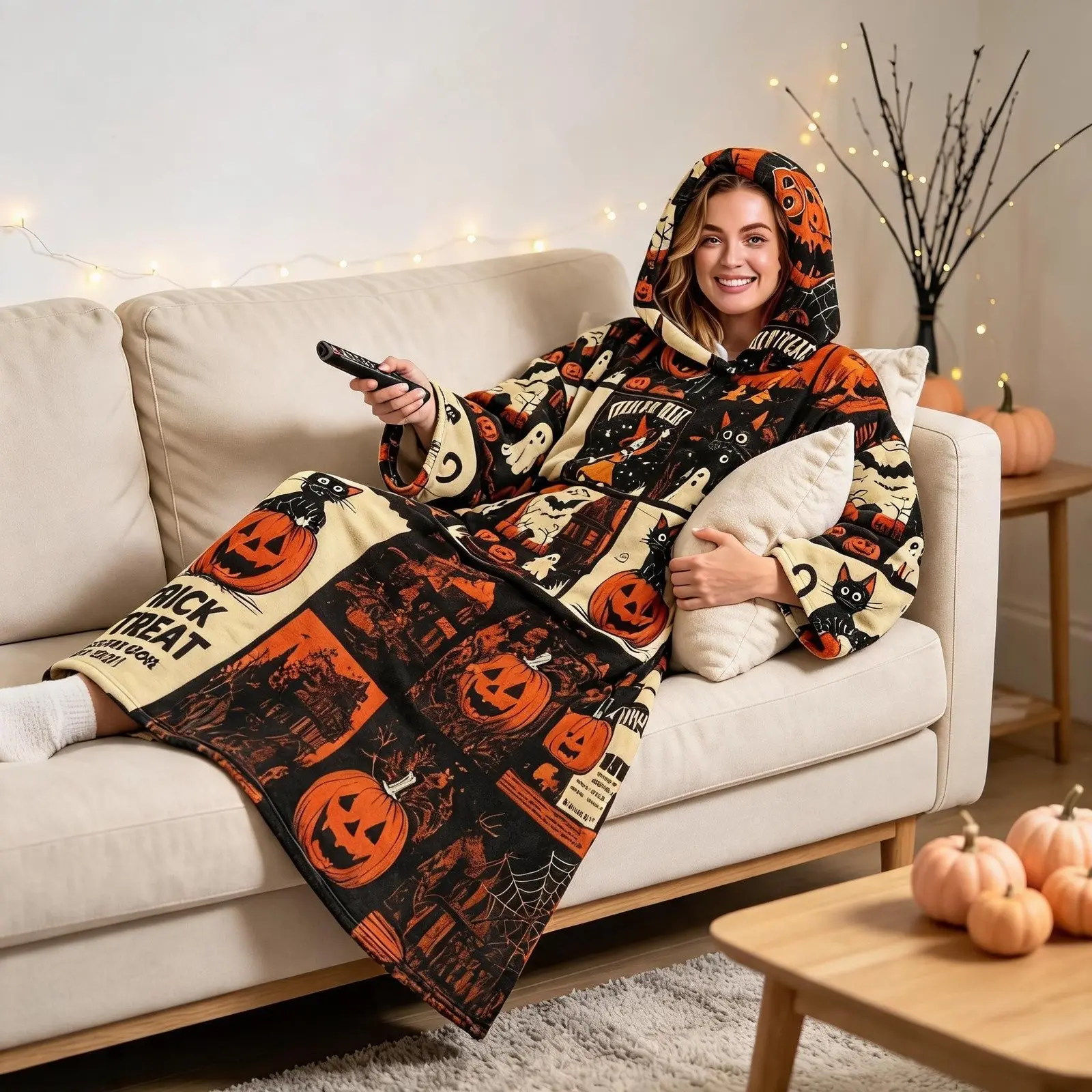 1 PC Pullover Hooded Wearable Blanket, Vintage Halloween Pumpkin Black Cat Ghost Print, Fun Whimsical Design, Soft Skin-Friendly Flannel Hoodie Blanket with Big Pockets, Loungewear, Sweet Gift for Wife, Mother, Lover, Great for Birthday