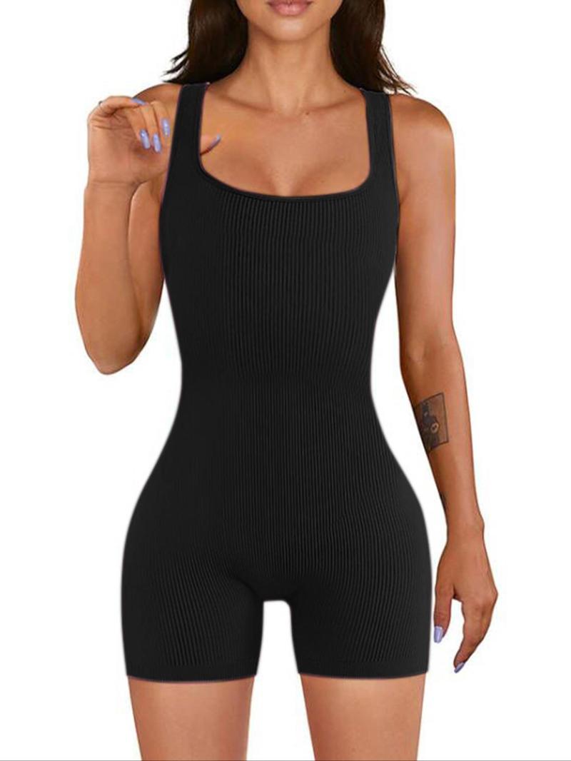 Women's Solid Color Ribbed Square Neck Tank Shapewear Knit Romper, Elegant Casual Comfy Thigh Slimmer Seamless Sleeveless Shaper Bodysuit for Daily Wear, Ladies Shapewear for All Seasons, Womenswear, Tummy Tuck Garment
