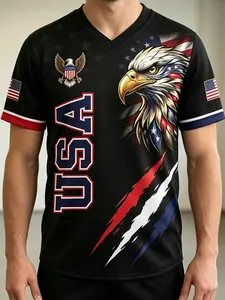 Men's Patriotic Eagle USA Flag Print Button Up Baseball Jersey, Red White Blue V Neck Short Sleeve Casual Sports Top Shirt For Summer Holiday