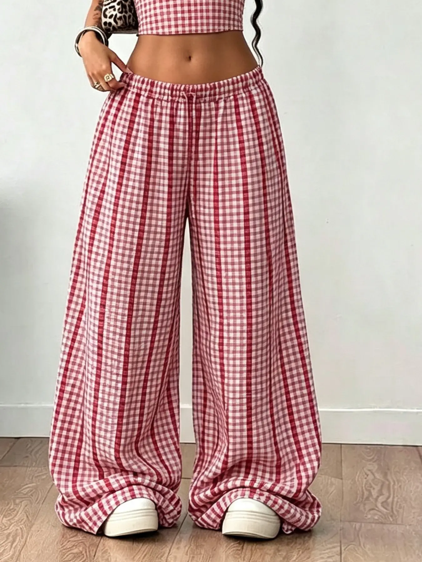 Plaid Wide Leg Pants for Women, High Waist Elastic Waist Loose Flowy Straight Leg Pants, American Vintage Casual Long Pants