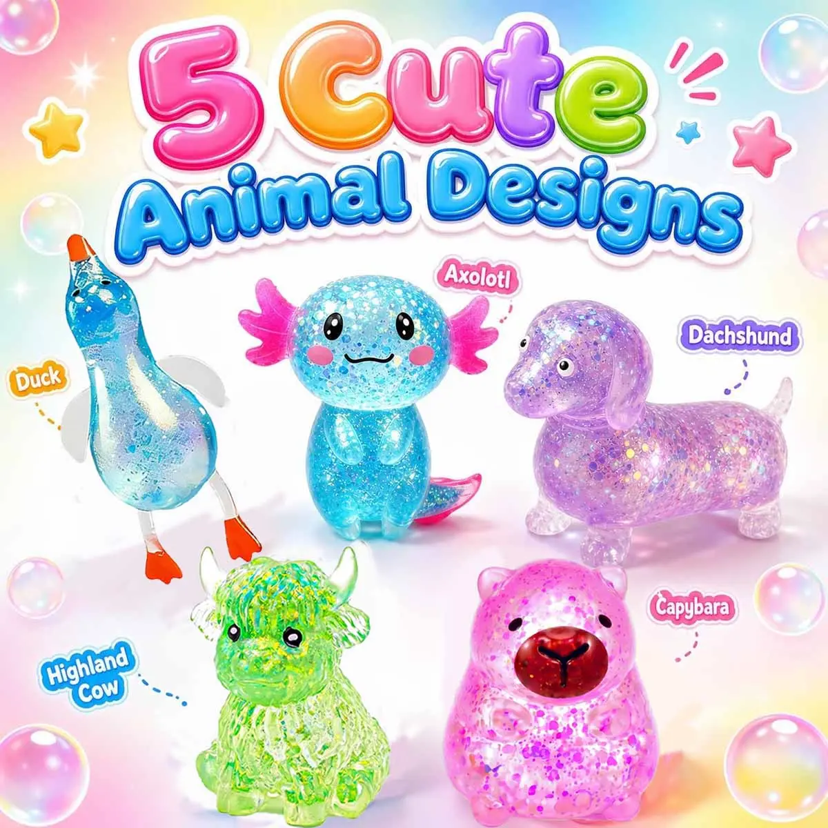 5 Styles Cute Glitter Clear Animal Stress Relief Squishy Toys, Soft Stretchy Squeeze, Transparent Jelly Duck Dachshund Capybara Highland Cow Squeeze Fidgets, Soft Stretchable Sensory Decompression Hand Toys for Anxiety & Tension Release