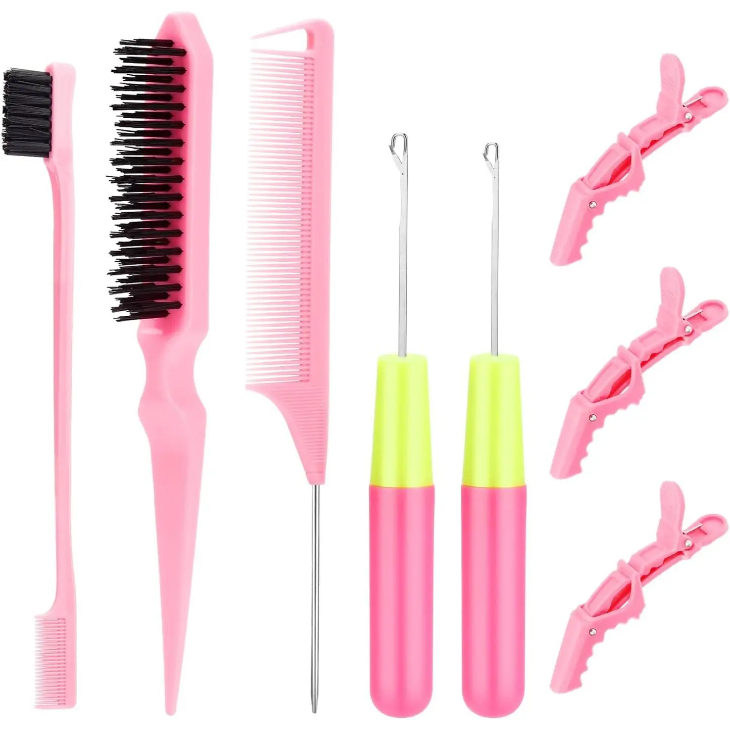 SWEET VIEW Hair Crochet Hooks Set - 2 Crochet Needles, Edge Brush, Bristle Brush, Rat Tail Comb, 3 Gator Clips for Passion Twist Hair Extensions