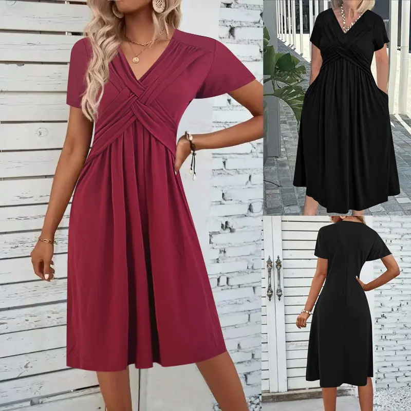 Solid V Neck Criss Cross Twist Front Short Sleeve Dress High Waist Flowy Split Hem Casual Midi Dress