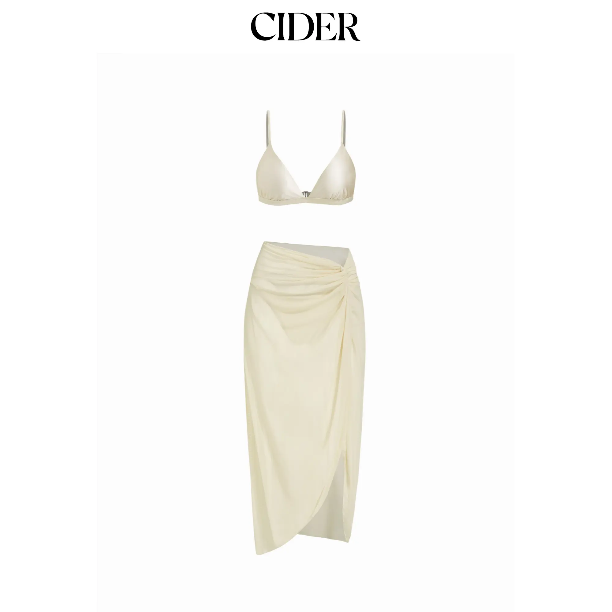 Cider V-neck Solid Triangle Bikini Set With Sarong