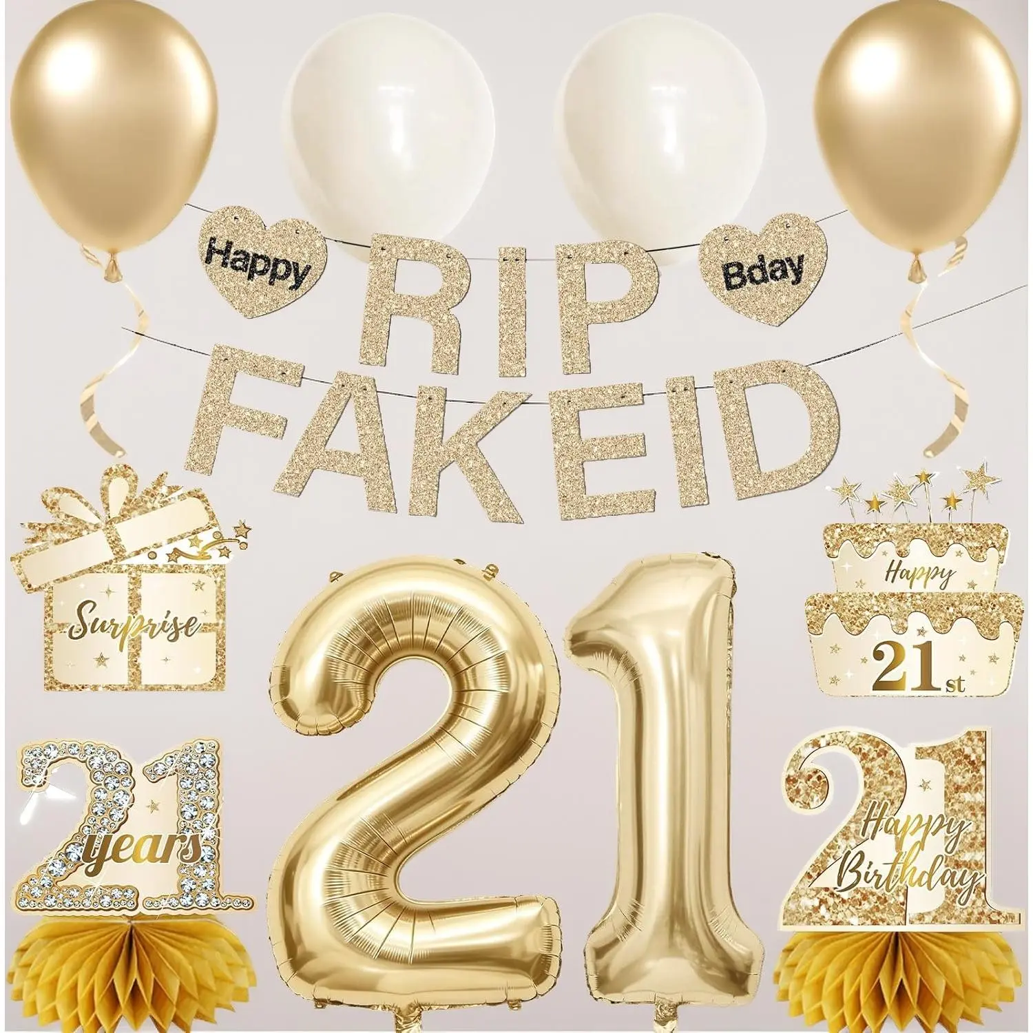 11Pcs Gold 21st Birthday Decorations Kit for Girls, Happy 21st Rip Fake ID Banner, Balloons, Ceiling Table Topper Sign Party Supplies