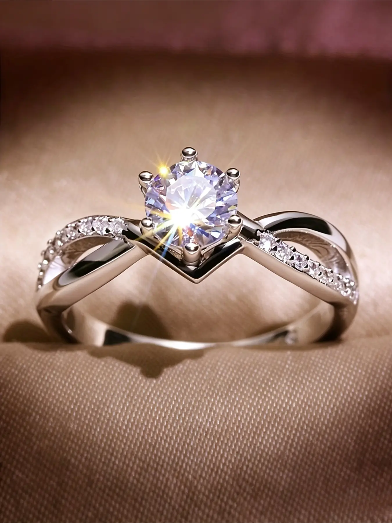 Twist Band Round Cubic Zirconia Engagement Ring for Women, 6 Prong Solitaire CZ Promise Ring, Dainty Pave Side Stones Wedding Ring, Bridal Jewelry Gift for Her