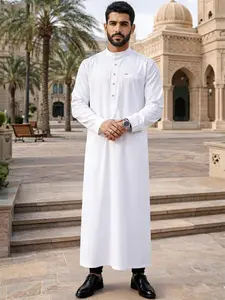 Arabic Islamic Muslim Traditional Clothing, Ramadan Festival Holiday Wear, Elegant Stand Collar Robe Authentic Saudi Modest Muslim Thobe for Men, Daily & Special Occasions