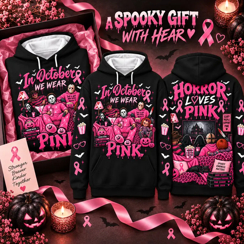 Unisex Pink Breast Cancer Awareness Horror Print Velour Fabric Hoodie - Long Sleeve Apparel Garment, Spooky Movie Character, Pink Ribbon, Heart Graphic Pullover, Fall Halloween Gift #InOctoberWeWearPink#PinkHorrorHalloween#SpookySeason