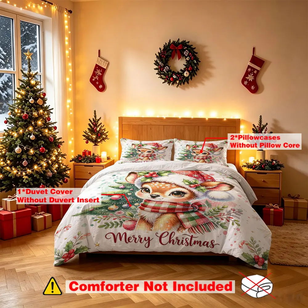 3PCS Christmas Bedding Set, Xmas Deer with "Merry Christmas" Slogan Print, Duvet Cover + 2 Pillowcases (No Inserts), Festive Home Decor