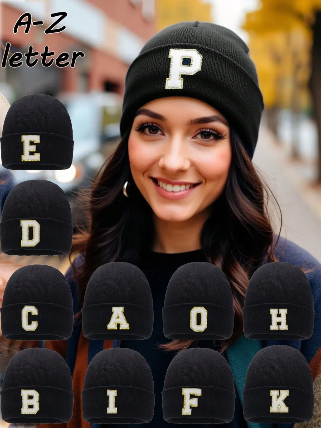 1PC Black Knit Hat With Custom A-Z Letters, Soft Cuffed Beanie, Stretch Loose Slouchy Hat For Autumn & Winter, Ideal For Travel, Camping And Outdoor Activities, Premium Gift For Relatives And Family On Thanksgiving And Christmas