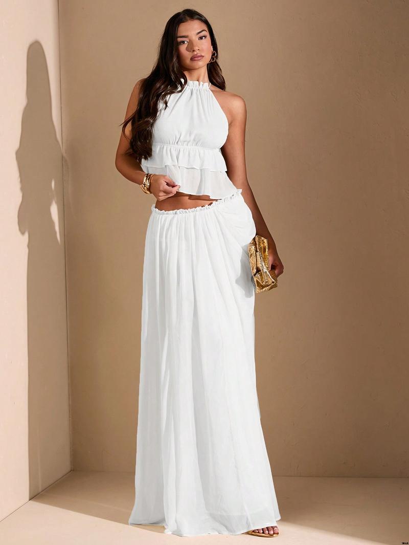 Date Beach Holiday , Women For Maxi Slit High Ruched Asymmetric White BAE tiktok White Skirt Vacation