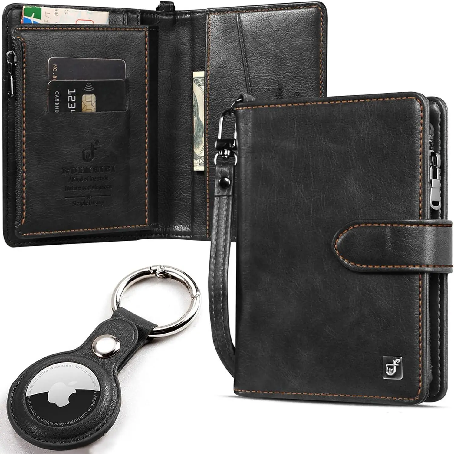 AirTag Passport Wallet with AirTag Holder and Wristband, RFID Vaccine Card Holder Combo with AirTag Luggage , Travel Leather  Cover Multiple Card Slots (AirTags NOT Included),Black