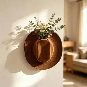 Western Cowboy Hat Shaped Wall Mount Flower Vase, Rustic Farmhouse Wall Planter, Boho Hanging Floral Holder, Country Home Decor