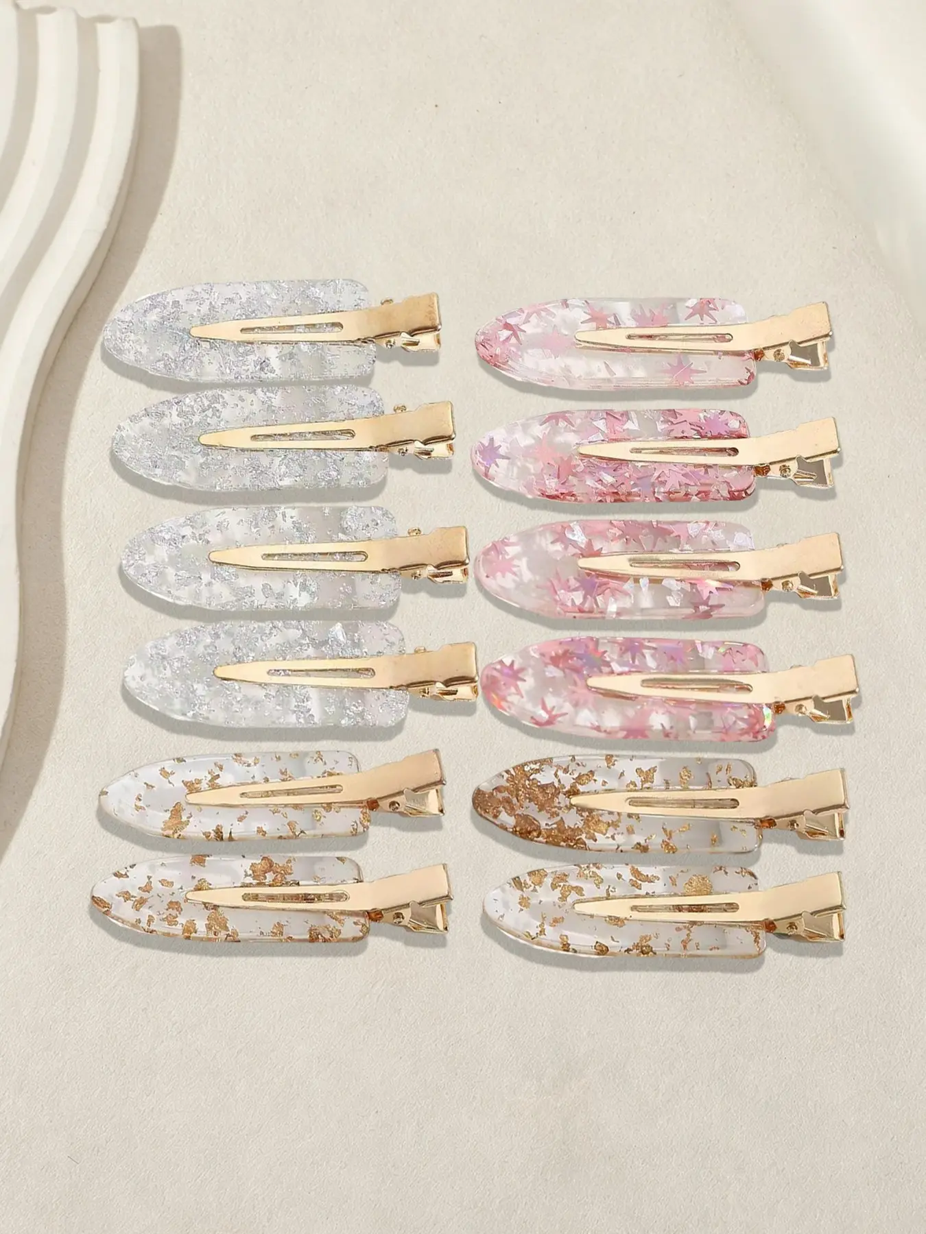 12pcs Transparent Gold Foil Hair Clips for Women, Invisible Hair Accessories, Side Bangs Clip, Duckbill Clip, Fringe Clip, Headwear, Super Cute Clips