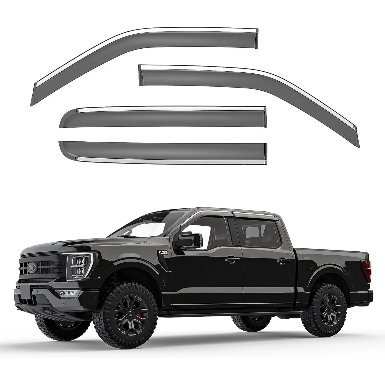 Window Rain Guards for 2015-2025 Ford F150 Supercrew Cab,Tape-On Rain Guards for Car Windows,Vent Deflector Visor,with Chrome Trim Window Visor,F150 Truck Accessories-4 Pcs