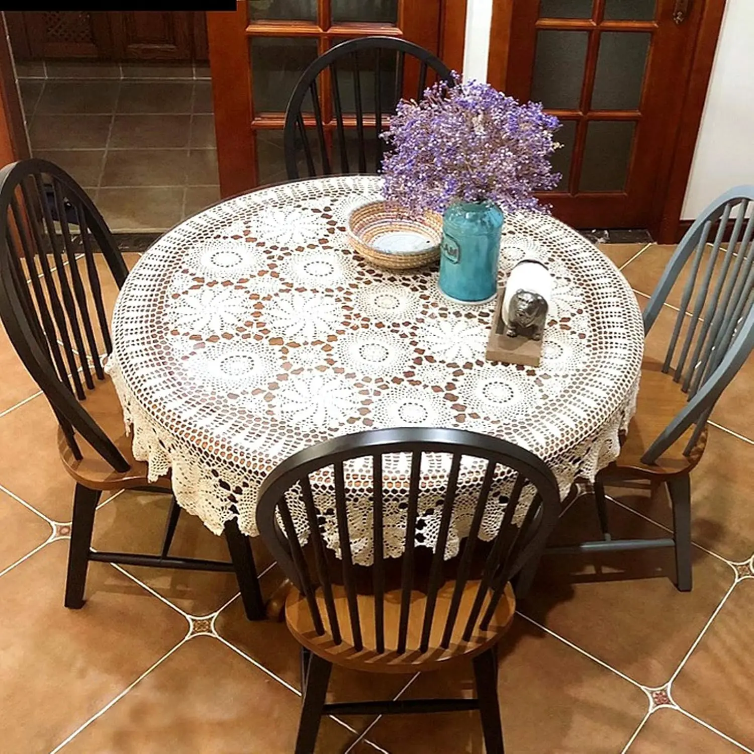 52" (130cm) Round Handmade Crochet Tablecloth, White Rustic Vintage 2mm Thickness Cotton Hollow-Out Lace Cover with Stretch Elasticity, Flower-Enhanced Fully Assembled Home Decor for Weddings