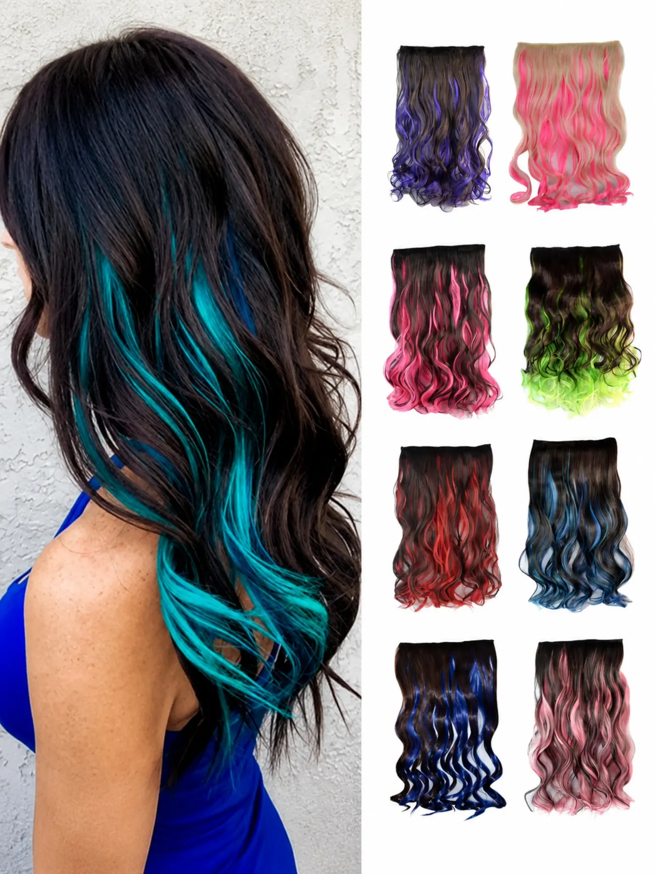 18 Inch Colorful Clip In Synthetic Fiber Extensions Hair Extensions for Women, Synthetic Water Wave Hairpiece, Ombre Highlight Hair Extension with Natural Looking Waves, Instant Hair Color & Volume