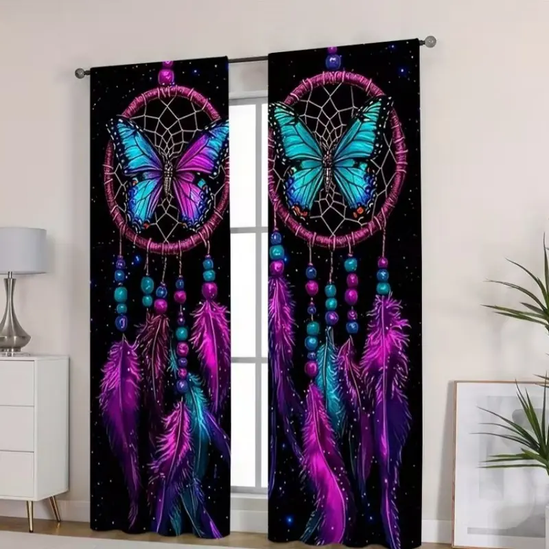 2-piece set Dream Catcher Net Butterfly Embroidered Semi-transparent Curtains, Rod Bag Curtains, Suitable for living room, bedroom, home decoration, Hand washable, hookless, Semi Sheer Curtain