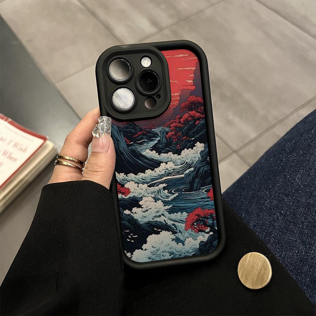 A Soft Matte Shock-Resistant Cover Featuring a Japanese Wave Pattern, Designed for iPhone 17 E Air Pro ProMax iPhone16 15 14 Plus 13 12 Mini 11 X XS XR, Crafted from Flexible TPU Material with