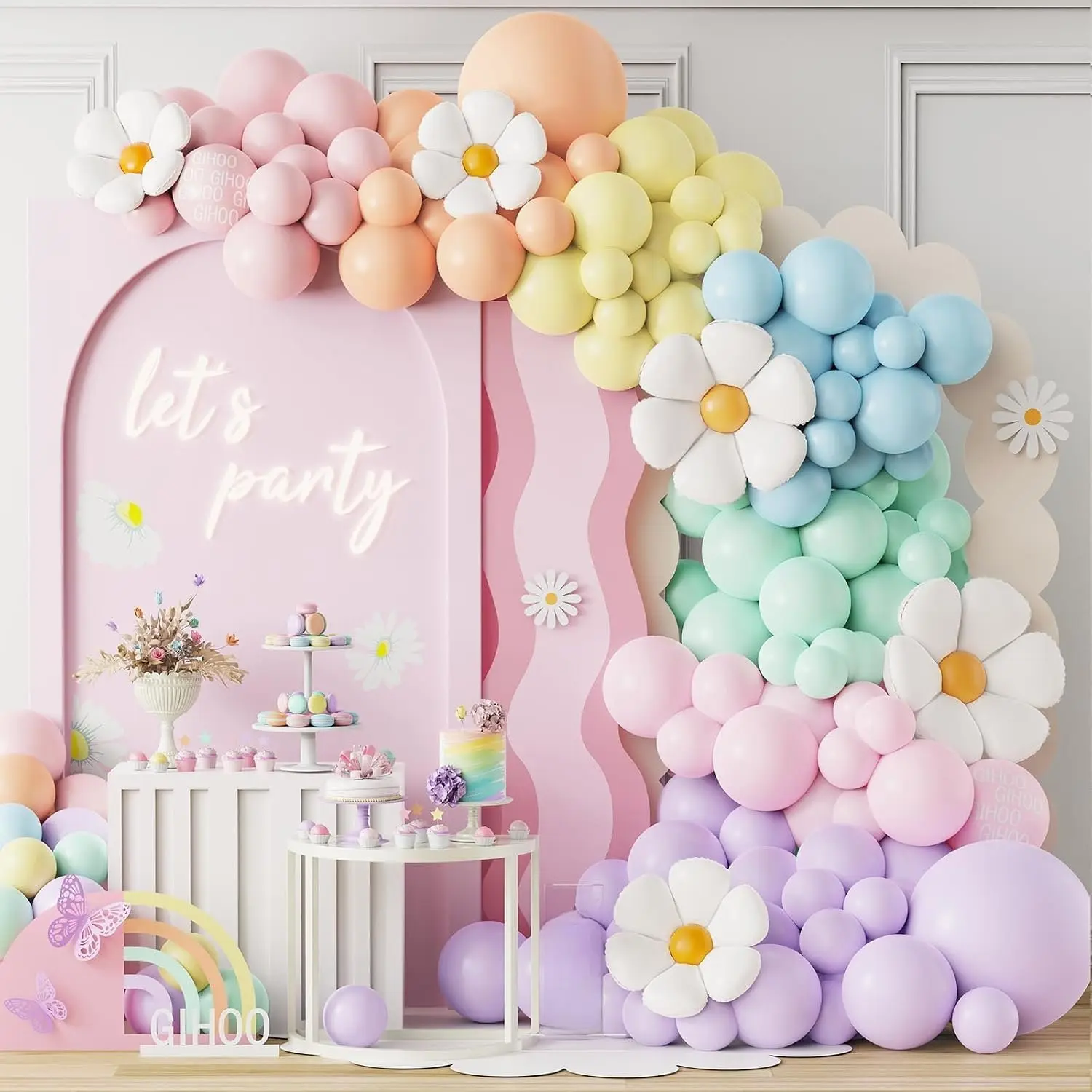 Daisy Pastel Balloon Garland Kit 157 count Pastel Macaron Balloon Arch Kit with Flower Mylar Balloon for Boho  Day Spring Daisy Floral Theme Two Groovy Party Decoration