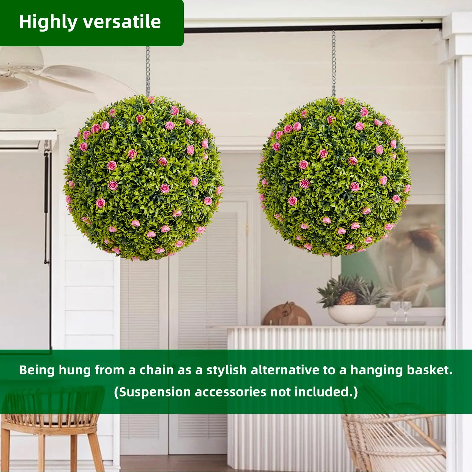 Garvee Realistic Artificial Boxwood Topiary Balls Set – Large Faux Greenery Spheres with Pink or Red Flowers – UV Resistant – For Home, Porch, Balcony, Wedding, Housewarming, Christmas – 2pcs