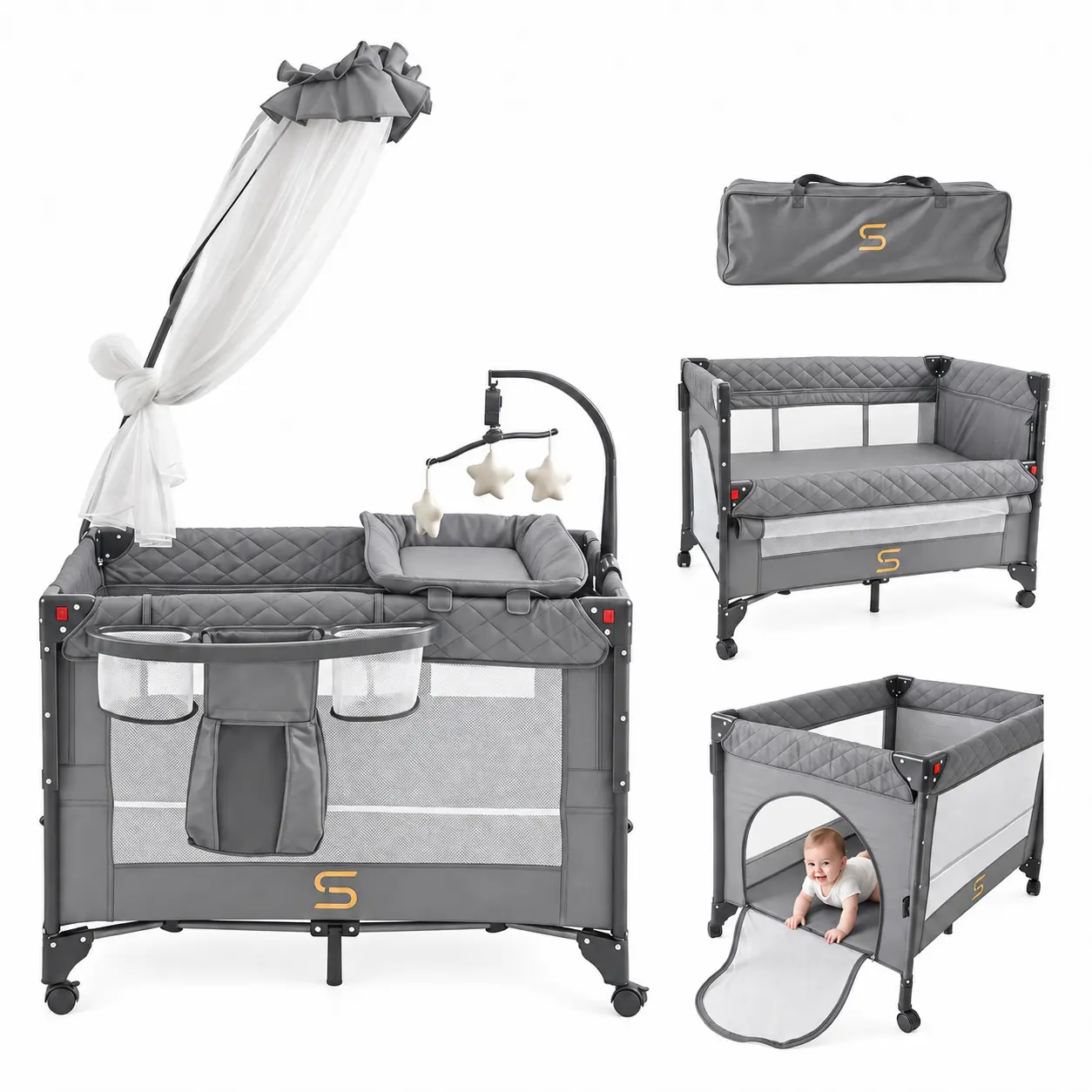 6-in-1 Baby Pack and Play Playard - Bassinet for Baby, Bedside Sleeper, Changing Table, Lockable Wheels, Mosquito Net, Music Mobile, Diaper Storage Organizer, Foldable Portable Travel Crib with Carry Bag for Newborns