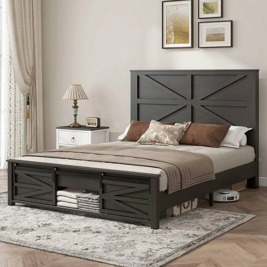 Full//Size 4 Pieces Farmhouse Bedroom Furniture Set, Includes  Size Bed Frame With Barn Door Storage, 5 Drawer Tall Dresser, 47'' Dresser With 4 Drawers, And 60'' Dresser With 4 Drawers The Sleeping Area, Oak Black