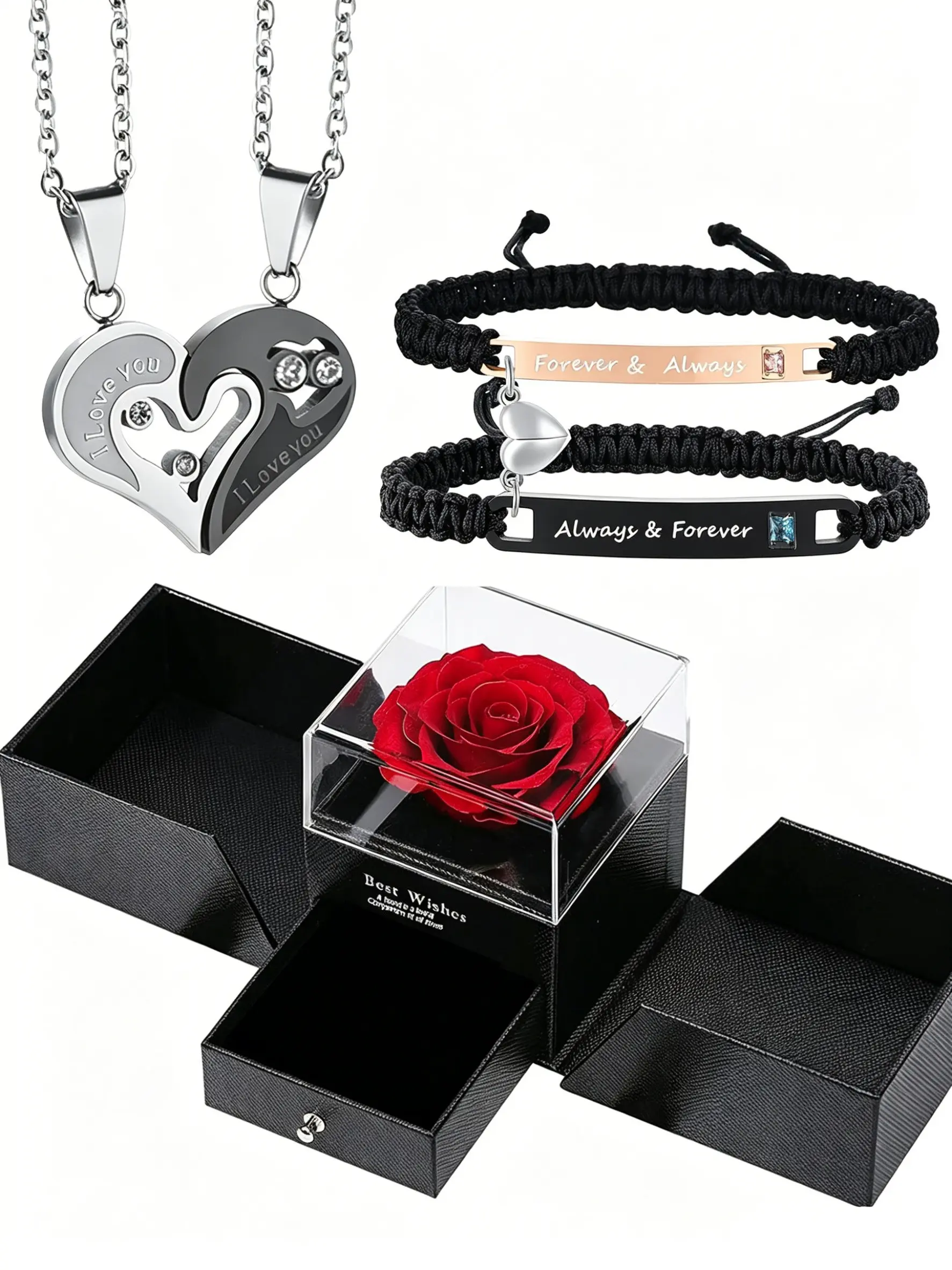Matching Magnetic Heart Couple Jewelry Gift Box Set, Heart Shine Set, Hypoallergenic Stainless Steel Puzzle Heart Necklaces & Promise Bracelets, Engraved Forever Love Words, Romantic Gift for Valentine's Day, Christmas & Anniversary