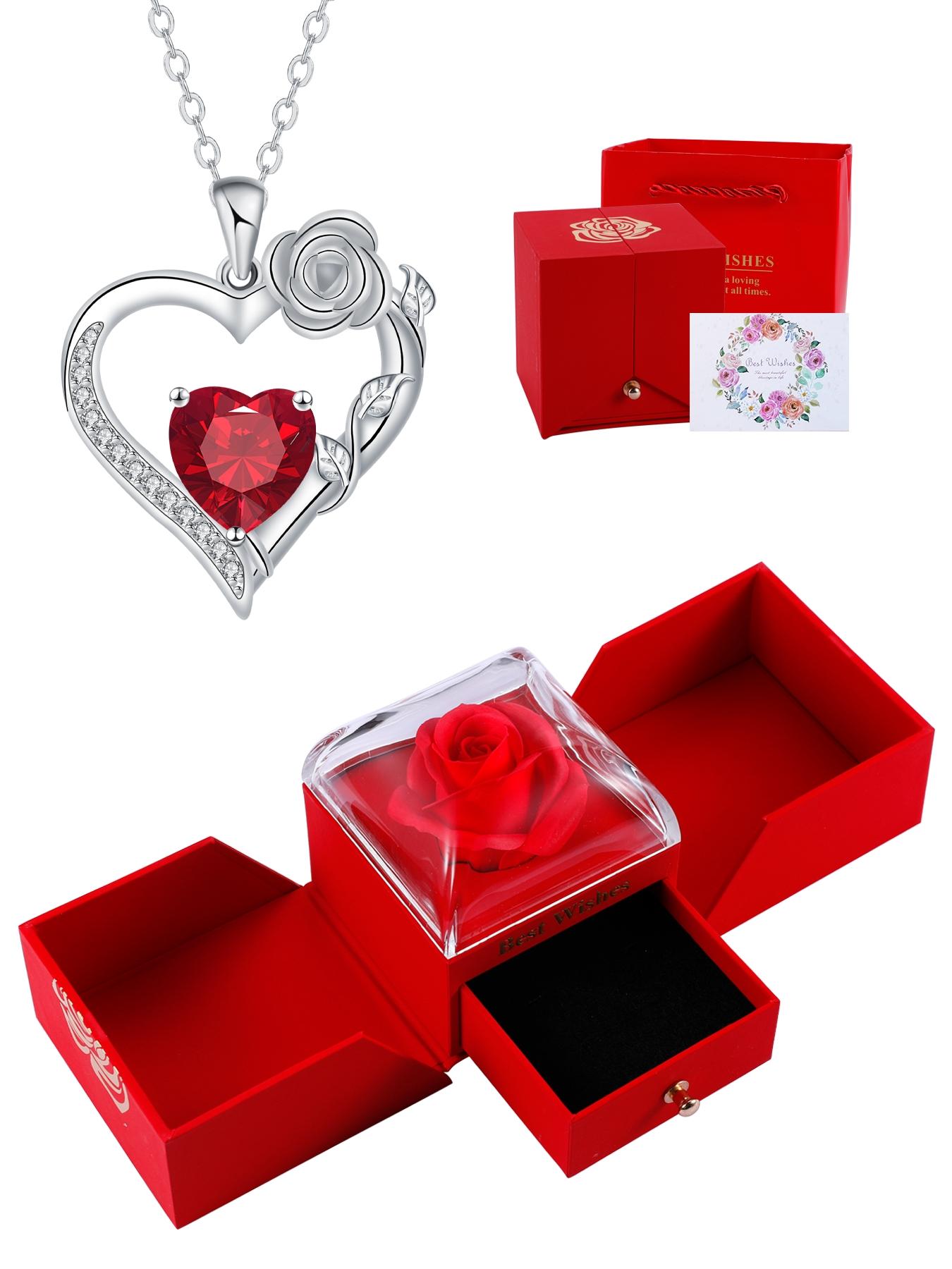 Rose Flower Heart Pendant Necklace With Rose Jewelry Gift Box, Exquisite Jewelry Gift, Anniversary Valentines Day Necklace Gift for Wife Girlfriend, Birthday Gifts for Mom Daughter, Heart Design Necklace